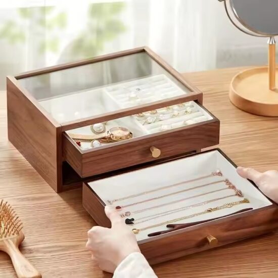 Compact wooden travel jewelry box with velvet compartments