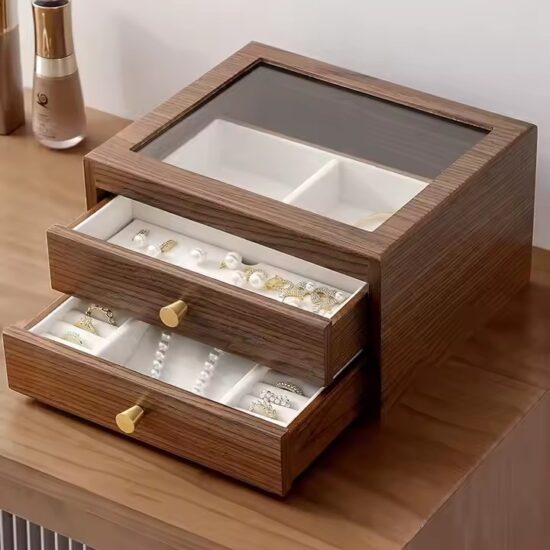 Compact wooden travel jewelry box with velvet compartments