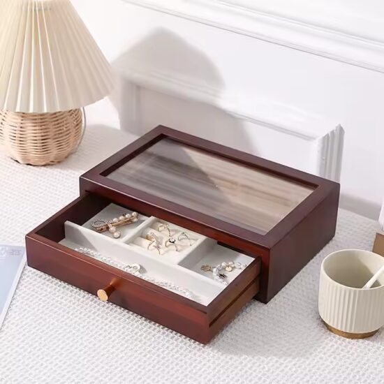 Compact wooden travel jewelry box with velvet compartments