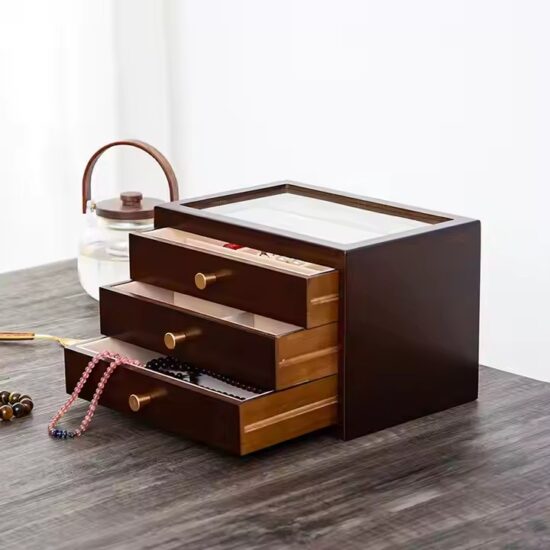 Luxury wooden jewelry box with compartments for rings, earrings, watches