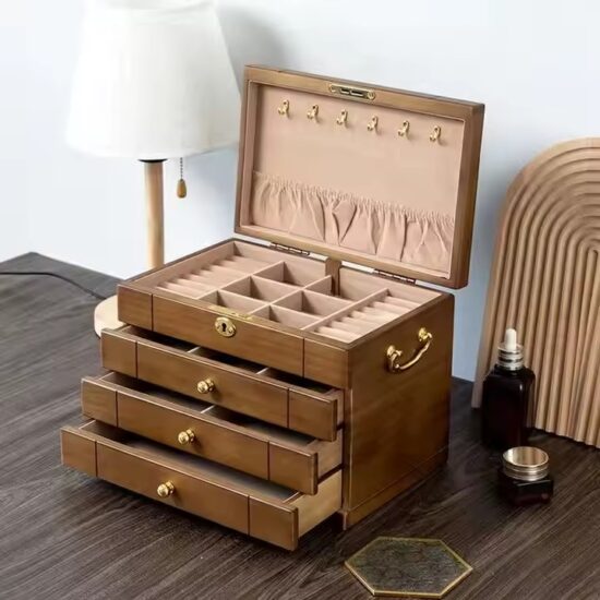 Luxury wooden jewelry box with compartments for rings, earrings, watches
