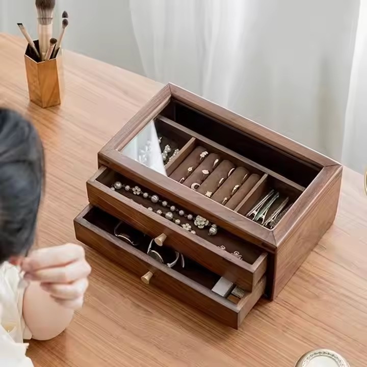 Luxury wooden jewelry box with compartments for rings, earrings, watches
