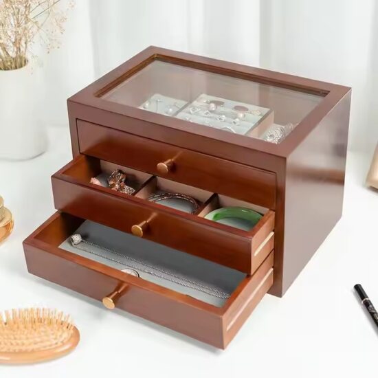 Luxury wooden jewelry box with compartments for rings, earrings, watches