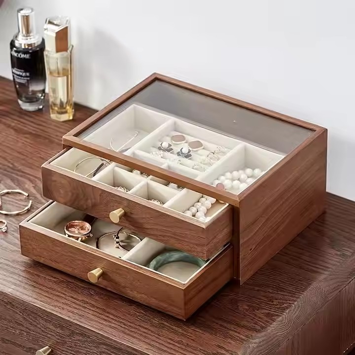 Luxury wooden jewelry box with compartments for rings, earrings, watches