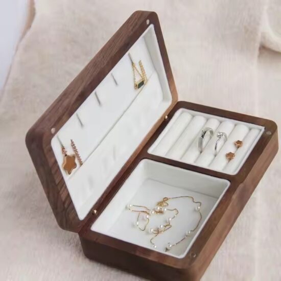 Portable luxury wooden jewelry box with soft velvet interior