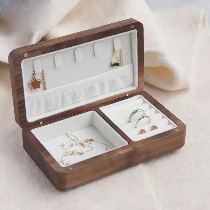 Portable luxury wooden jewelry box with soft velvet interior