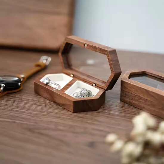 Handmade walnut wood jewelry storage box with velvet interior