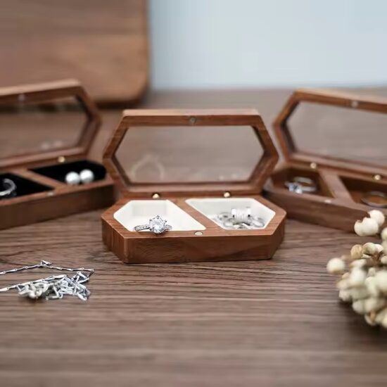 Handmade walnut wood jewelry storage box with velvet interior