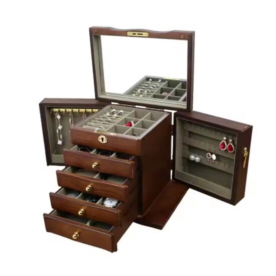 Luxury wooden jewelry gift box with soft velvet lining and engraved logo
