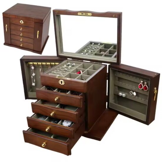 Luxury wooden jewelry gift box with soft velvet lining and engraved logo
