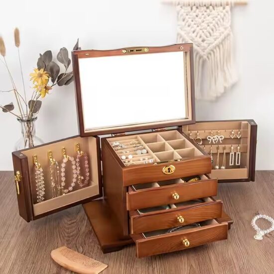 Luxury wooden jewelry gift box with soft velvet lining and engraved logo