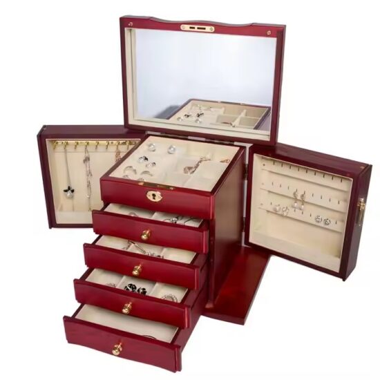 Luxury wooden jewelry gift box with soft velvet lining and engraved logo
