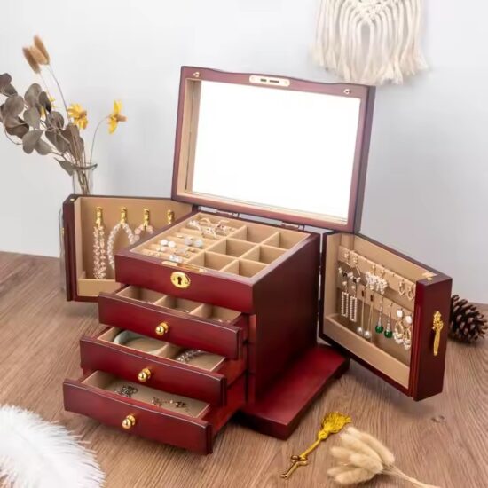Luxury wooden jewelry gift box with soft velvet lining and engraved logo