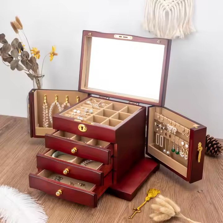Luxury wooden jewelry gift box with soft velvet lining and engraved logo
