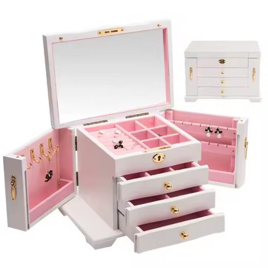 Luxury wooden jewelry gift box with soft velvet lining and engraved logo