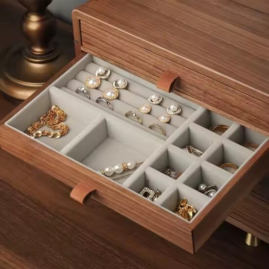 Handcrafted vintage wooden travel jewelry box with velvet interior