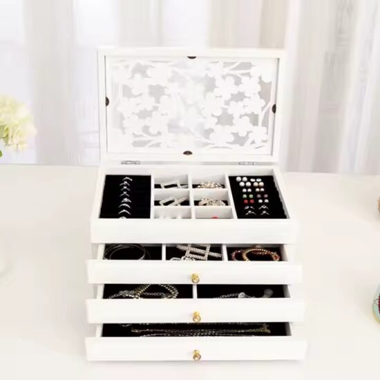 Handcrafted vintage wooden travel jewelry box with velvet interior