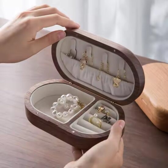 Travel wooden jewelry box with soft interior and gift packaging