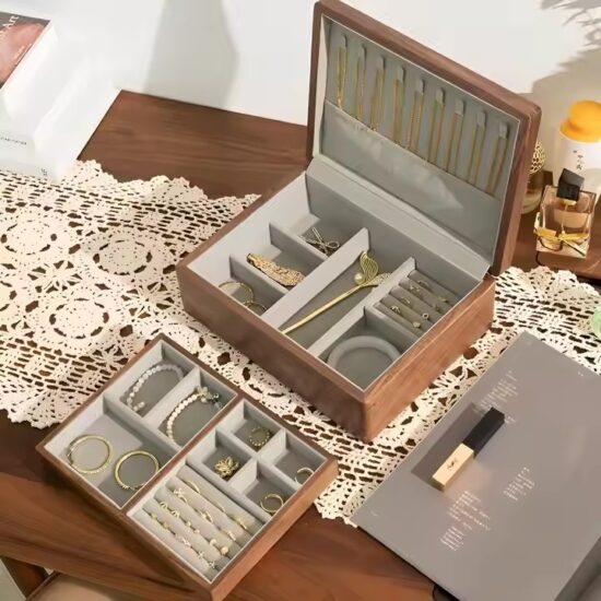 Travel wooden jewelry box with soft interior and gift packaging