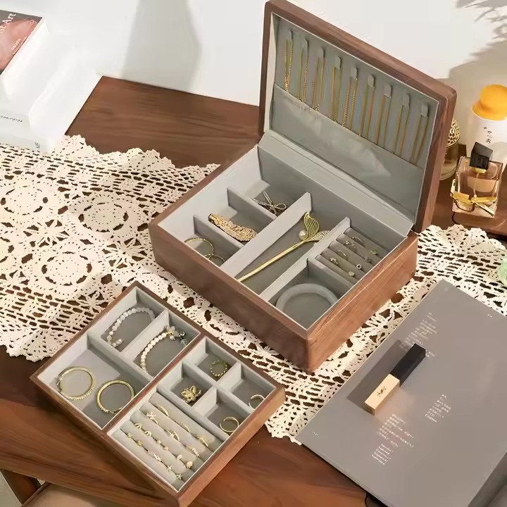 Travel wooden jewelry box with soft interior and gift packaging
