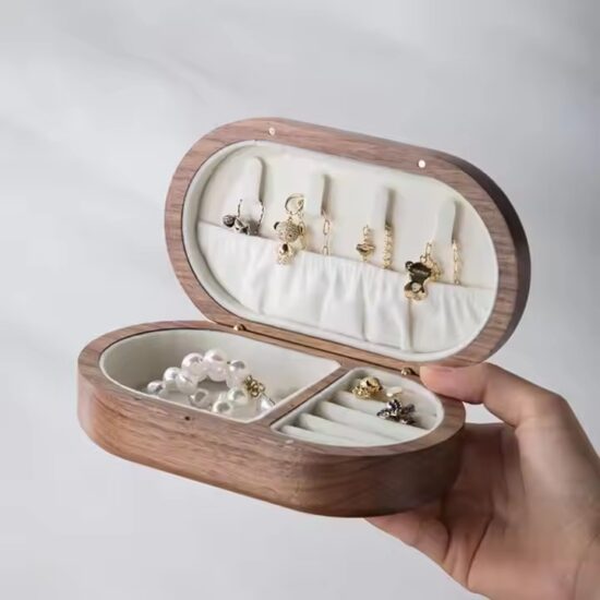 Travel wooden jewelry box with soft interior and gift packaging