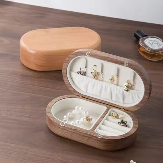 Travel wooden jewelry box with soft interior and gift packaging