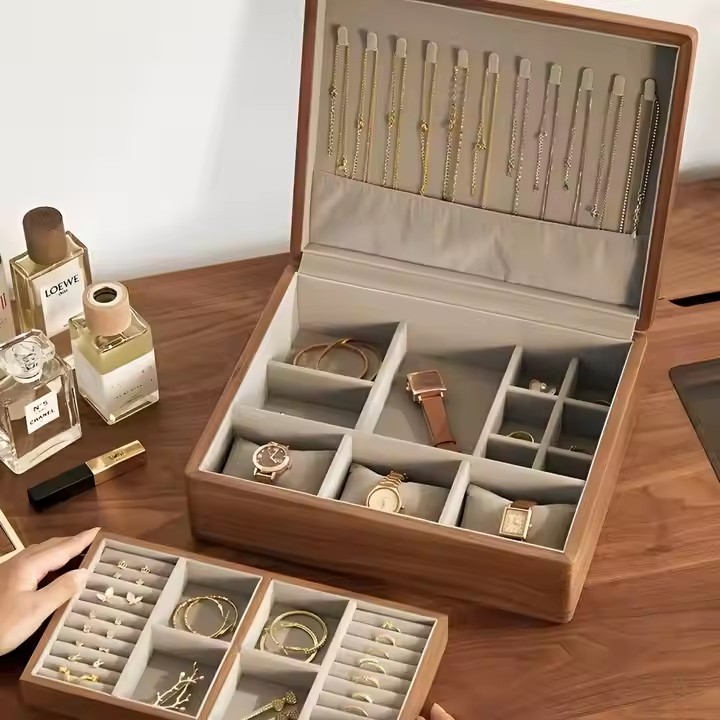 Travel wooden jewelry box with soft interior and gift packaging