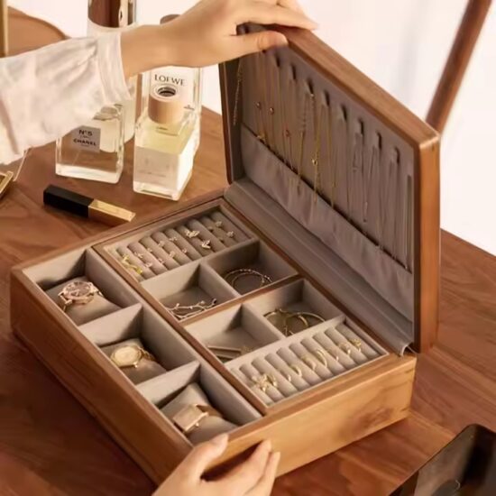 Travel wooden jewelry box with soft interior and gift packaging