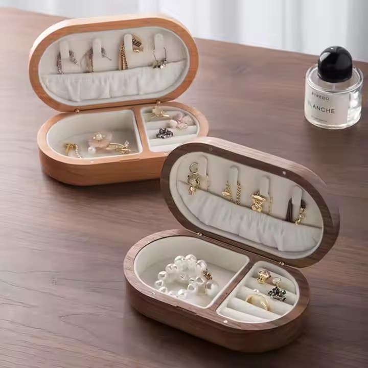 Travel wooden jewelry box with soft interior and gift packaging
