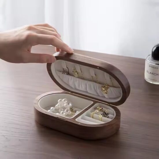 Travel wooden jewelry box with soft interior and gift packaging