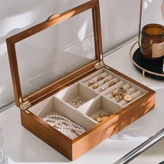 New vintage-style wooden jewelry box with velvet lining and antique clasp