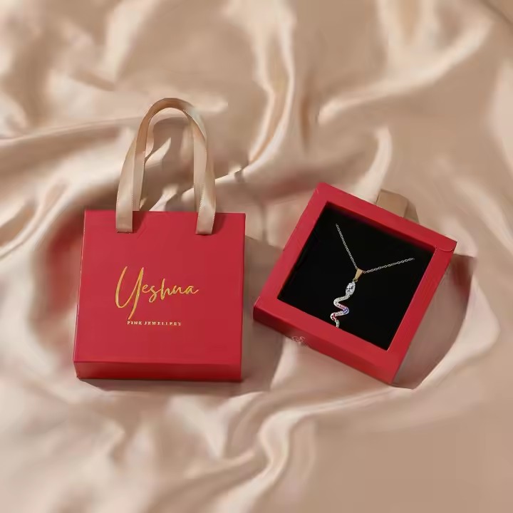 Custom Paper Jewelry Drawer Box with Ribbon Handle and Logo Printing