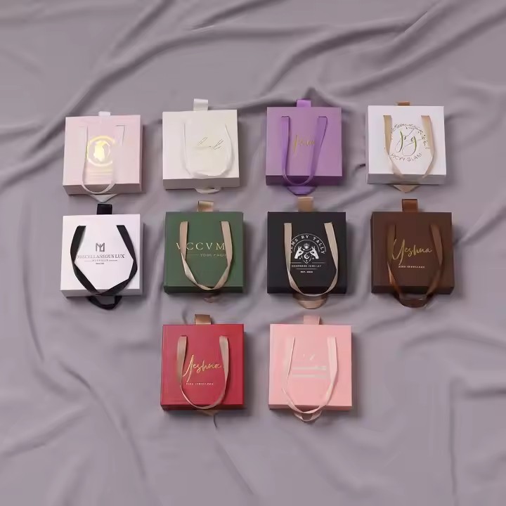 Custom Paper Jewelry Drawer Box with Ribbon Handle and Logo Printing