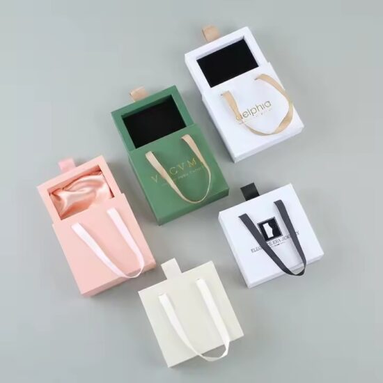 Custom Paper Jewelry Drawer Box with Ribbon Handle and Logo Printing