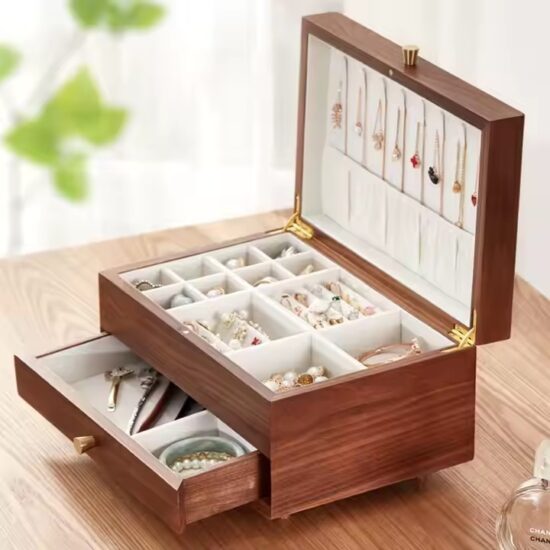 High-end wooden jewelry gift box with velvet lining and custom logo