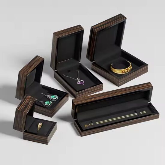 High-end wooden jewelry gift box with velvet lining and custom logo
