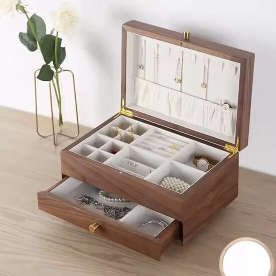 High-end wooden jewelry gift box with velvet lining and custom logo
