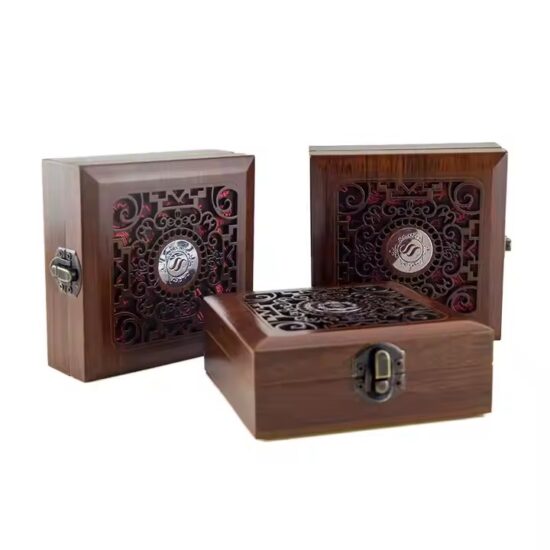 Custom wooden jewelry box with engraved logo on the lid
