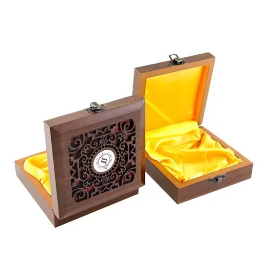 Custom wooden jewelry box with engraved logo on the lid