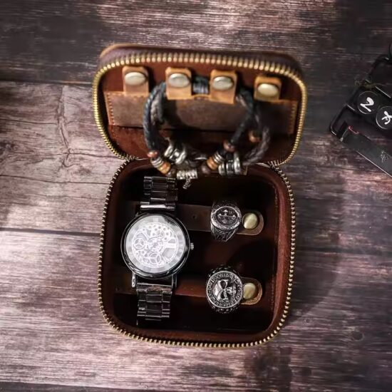Vintage Style Men’s Leather Travel Jewelry Box with Compartments