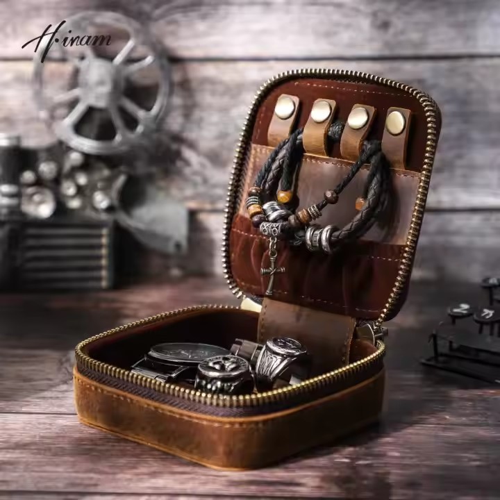 Vintage Style Men’s Leather Travel Jewelry Box with Compartments