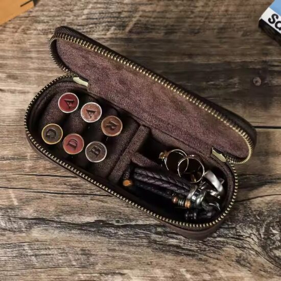 Vintage Style Men’s Leather Travel Jewelry Box with Compartments