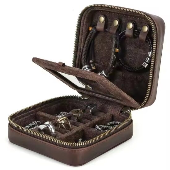 Vintage Style Men’s Leather Travel Jewelry Box with Compartments