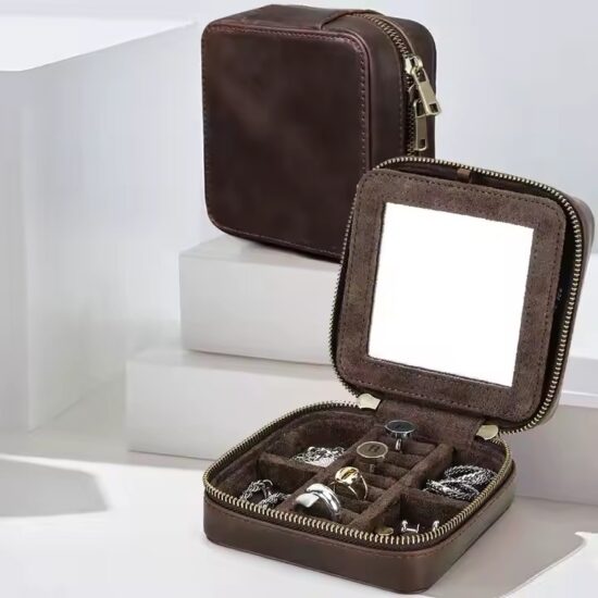 Vintage Style Men’s Leather Travel Jewelry Box with Compartments