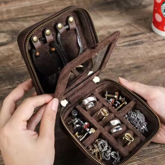 Vintage Style Men’s Leather Travel Jewelry Box with Compartments