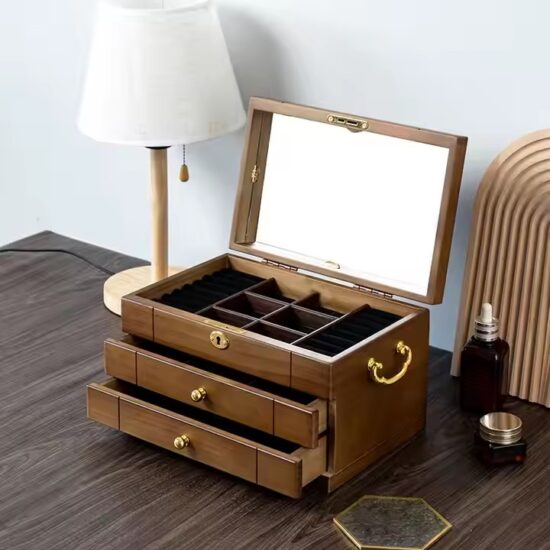 Multifunctional vintage wooden jewelry box with velvet-lined compartments