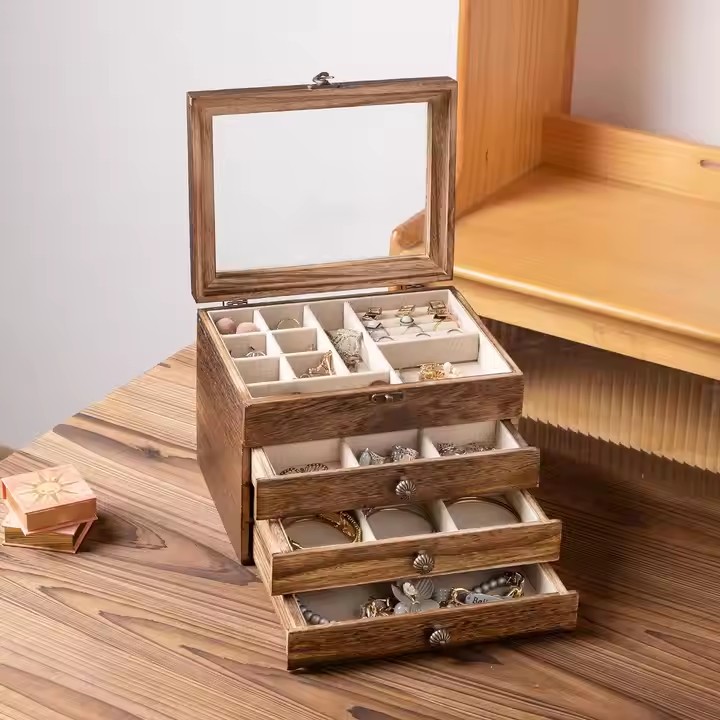 Multifunctional vintage wooden jewelry box with velvet-lined compartments