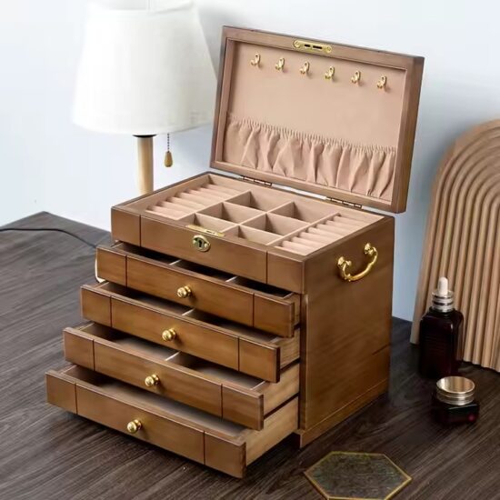 Multifunctional vintage wooden jewelry box with velvet-lined compartments