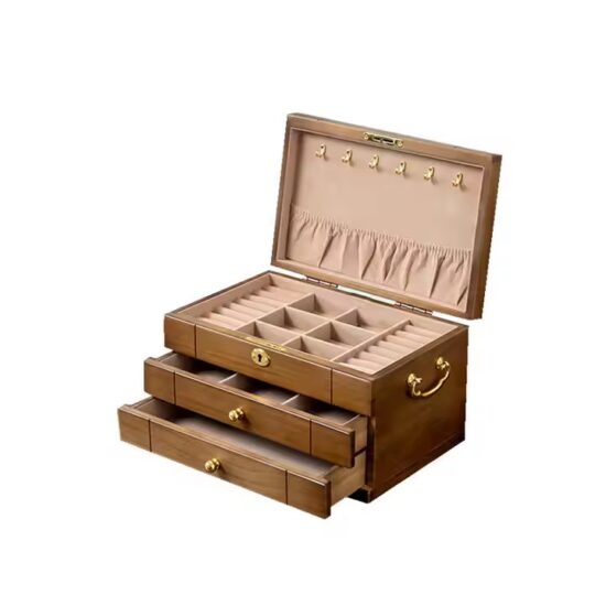 Multifunctional vintage wooden jewelry box with velvet-lined compartments