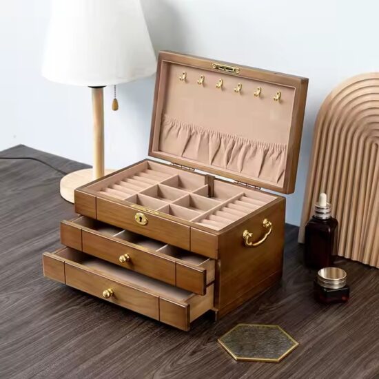 Multifunctional vintage wooden jewelry box with velvet-lined compartments